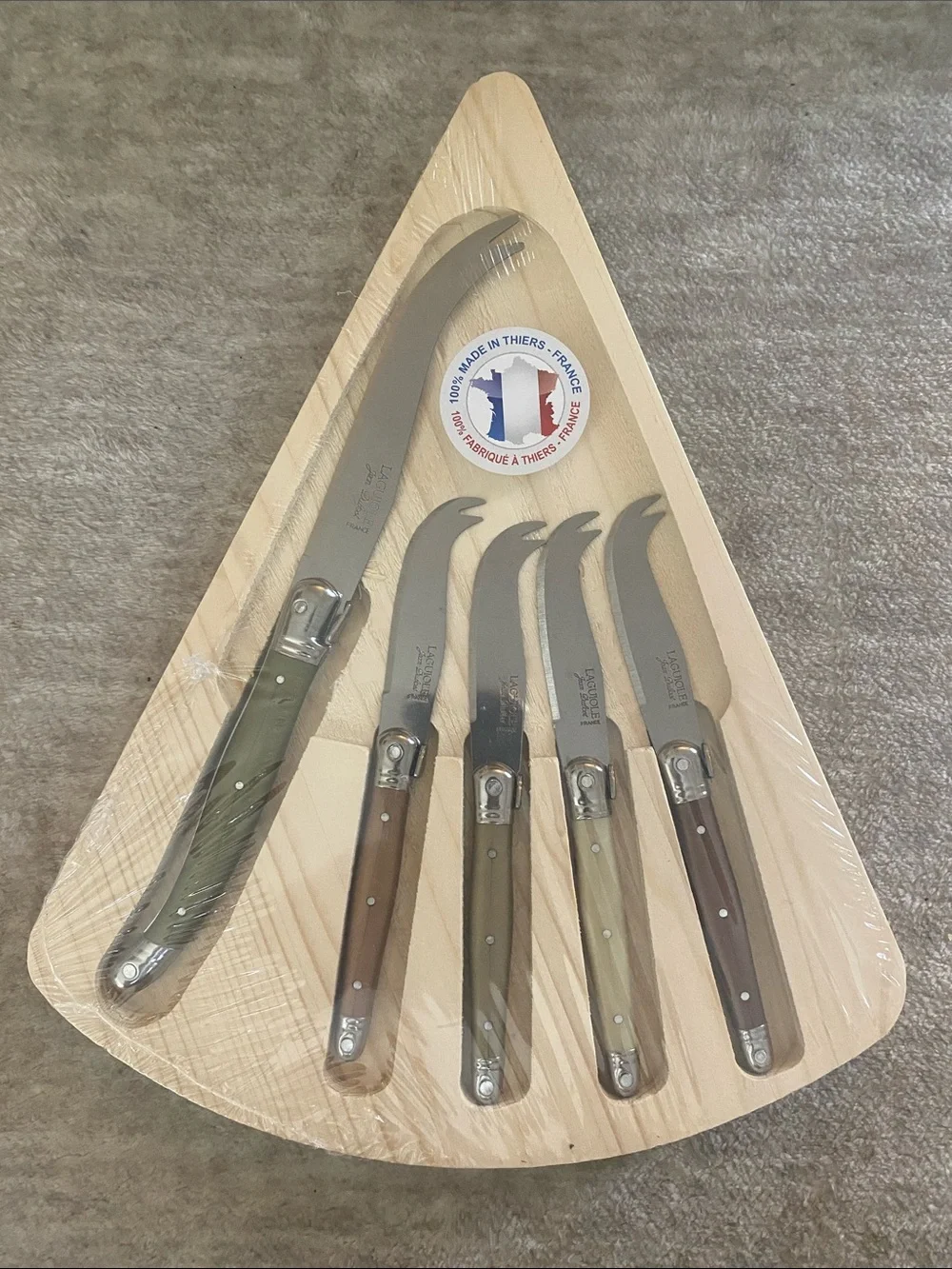 Stainless steel cheese knife set. Laquiole Jean Dubost France 5 piece set.